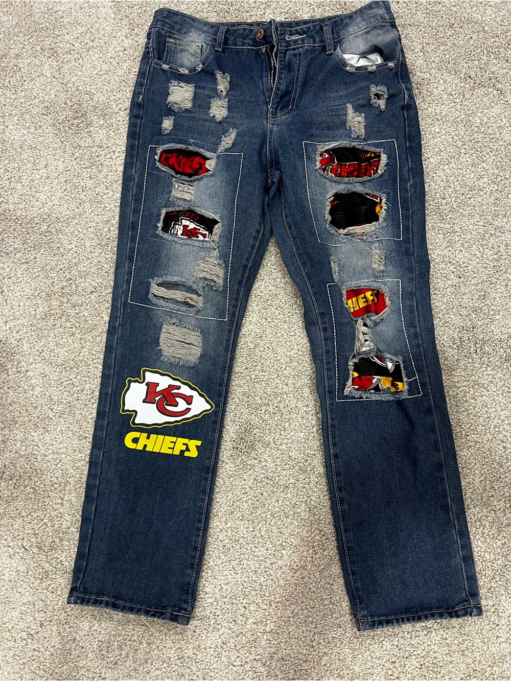 Kansas City Chiefs Patchwork Distressed Women’s Jeans - Dark Blue
